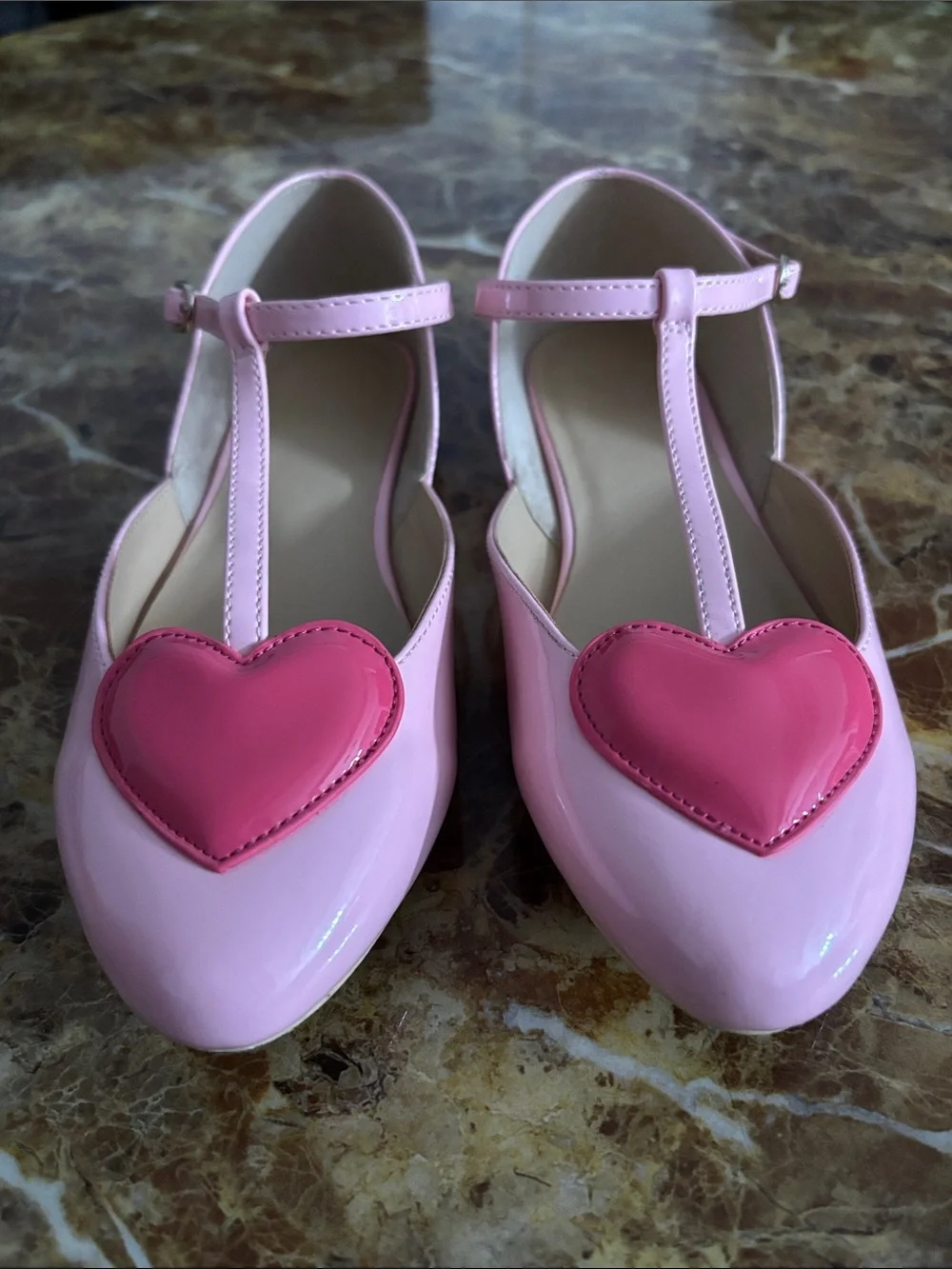Janie and Jack Pink Patent T-Strap Flats with Hot Pink Heart, size 4y